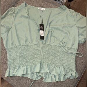 Fashion Nova Light Sage Smocked Peplum Tie-Front Top